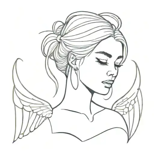 Simple Line Angel With Wings And Hair In Messy Bun