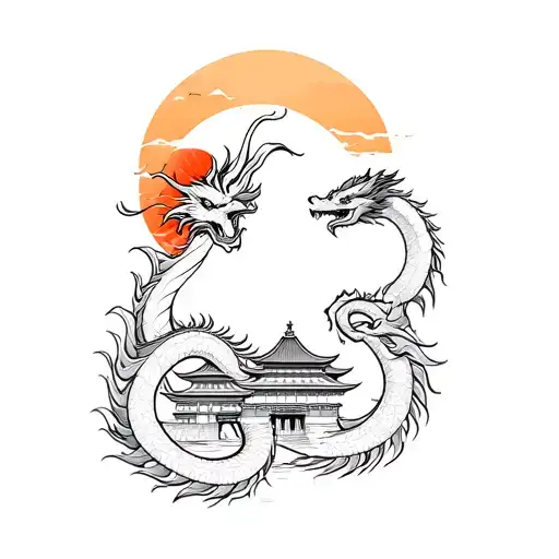 Line Art Of Dragon Wrapping Around Two Suns Overlooking A Japanese Temple
