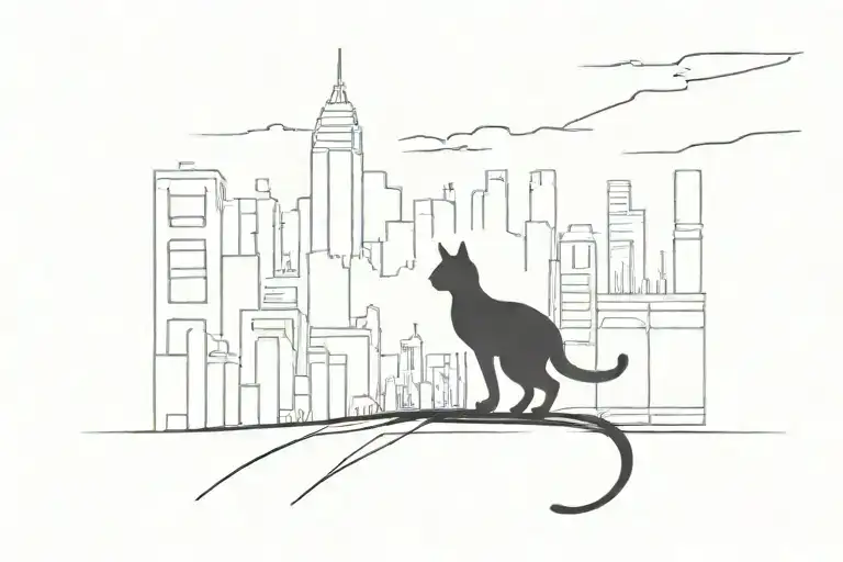 Silhouette Of Black Cat Looking Into A City Scape Skyline