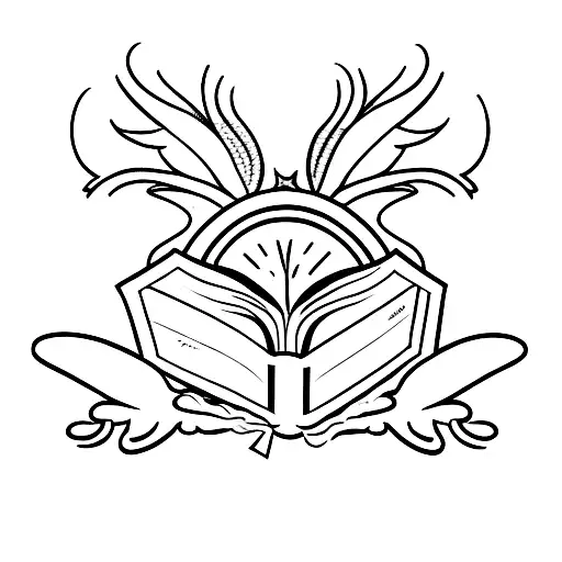 A Dotwork Tattoo Of A Book With Wings Flying Towards A Beach Sunset