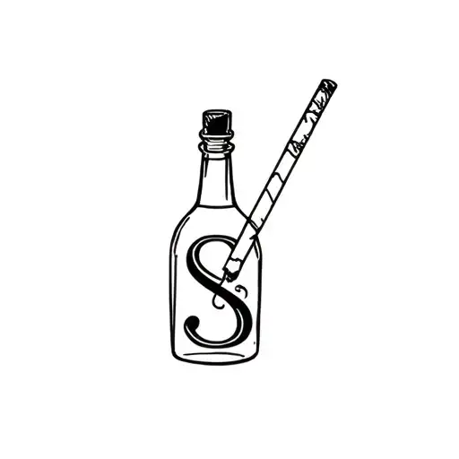 Small Cigarette And Whiskey Bottle Tattoo With The Initial S Incorporated