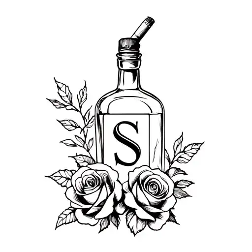 Small Cigarette And Whiskey Bottle Tattoo With Roses With The Initial S Incorporated