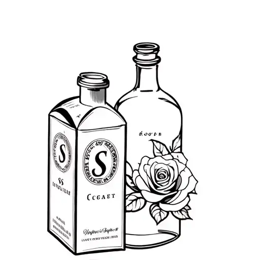 Cigarette Carton And Small Whiskey Bottle With The Initial S In The Center Of Bottle With Roses
