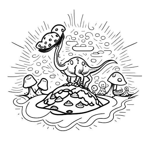Tramp Stamp Of A Dinosaur Sitting On A Mushroom Surrounded By Flames In Color
