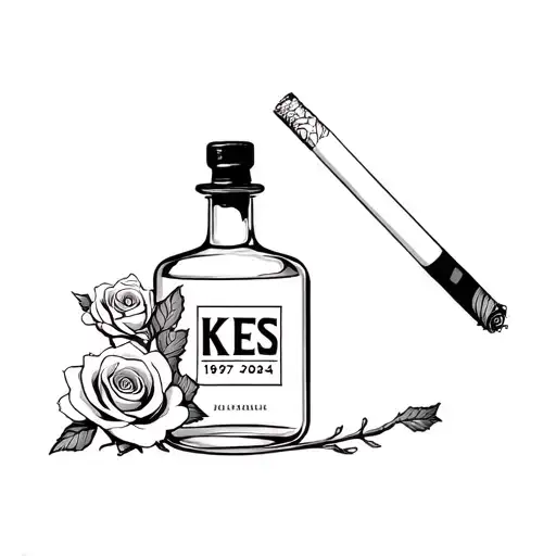 Cigarette And Whiskey Bottle With Roses And The Initials Kes In The Bottle And Date 1967-2024