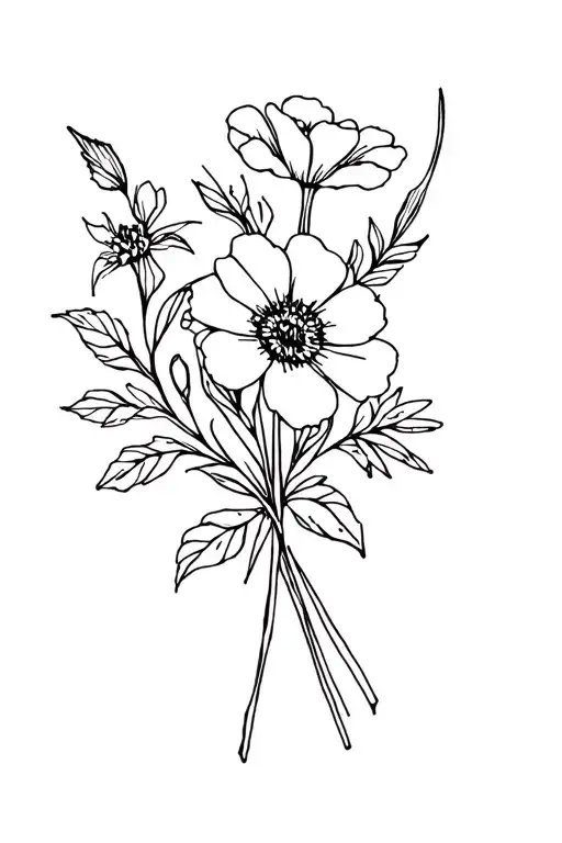 June Birth Month Flower Bouquet Fine Line