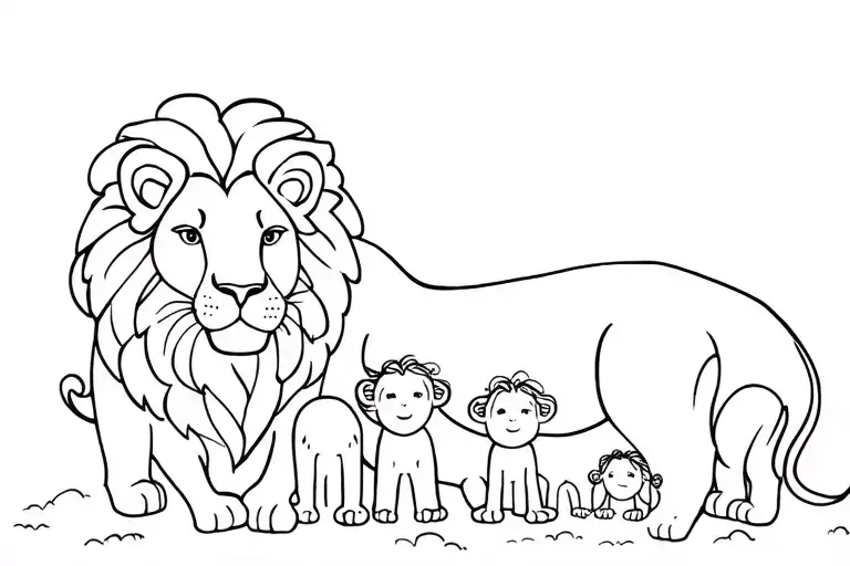 A Lion Mother With 3 Children A Girl And 2 Boys