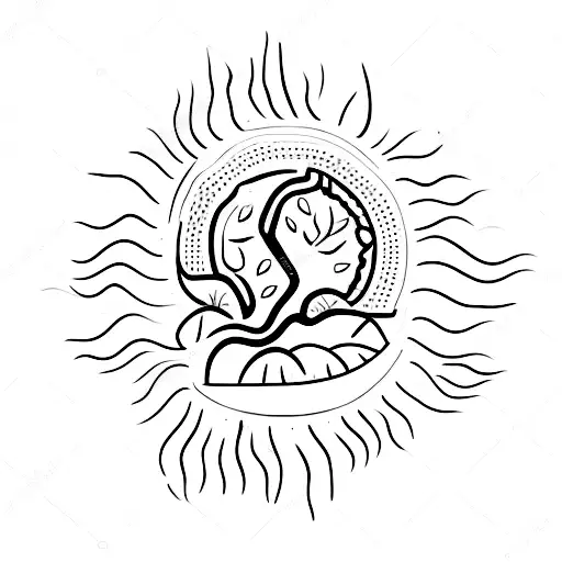 A Minimalist Representation Of A Peaceful Forest Scene With A Brain-shaped Sun