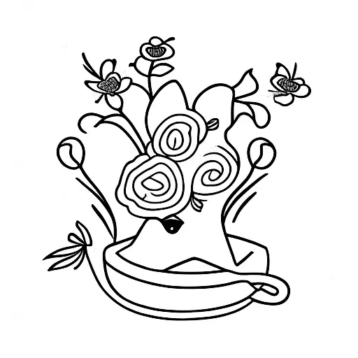 A Minimalist Tattoo Of A Cat Sitting On A Coffee Mug With A Bouquet Of Flowers Next To It