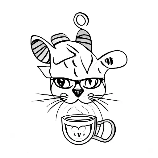 A Minimalist Tattoo Of A Cat Wearing Headphones And Sipping From A Coffee Cup