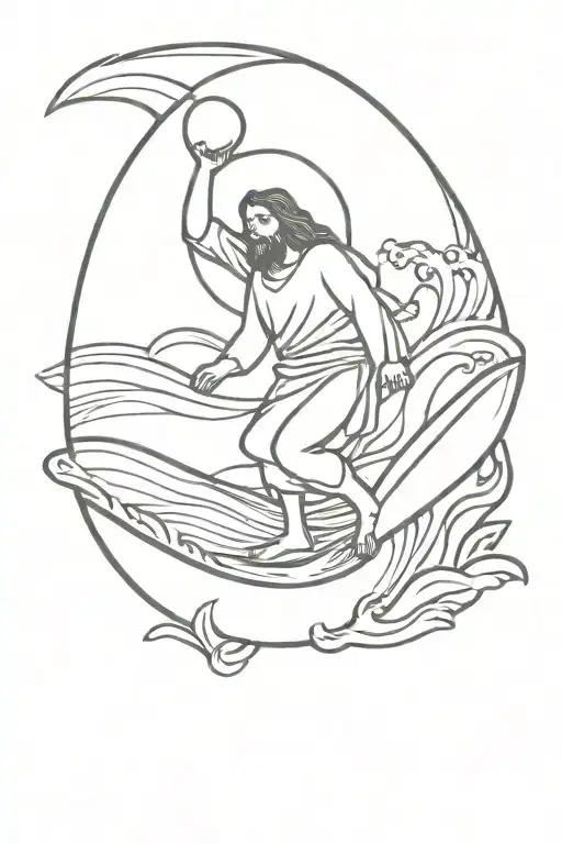 Jesus Christ On A Surfboard Floats On The Waves With A Glass Of Wine In His Right Hand