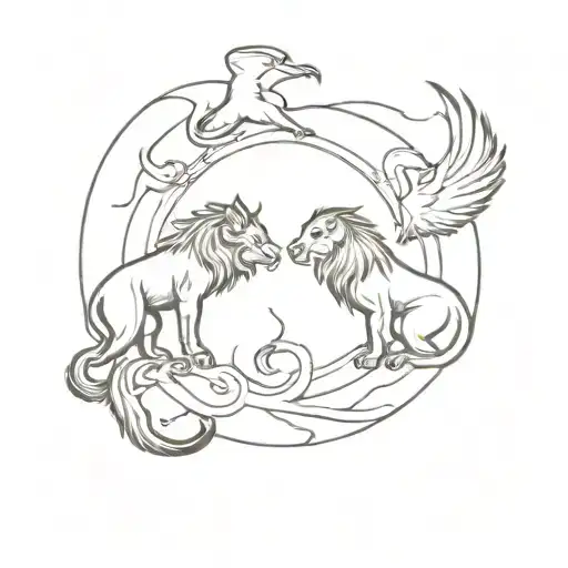 Manticore And Griffin In A Ying Yang Circle Surrounded