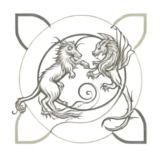 Manticore And Griffin In A Ying Yang Circle Surrounded