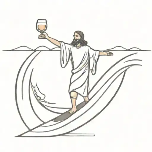 Jesus Christ Standing On A Surfboard Floats On The Waves Holding A Bottle Of Wine In His Right Hand