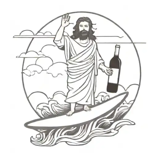 Jesus Christ Standing On A Surfboard Floats On The Waves Holding A Bottle Of Wine In His Right Hand