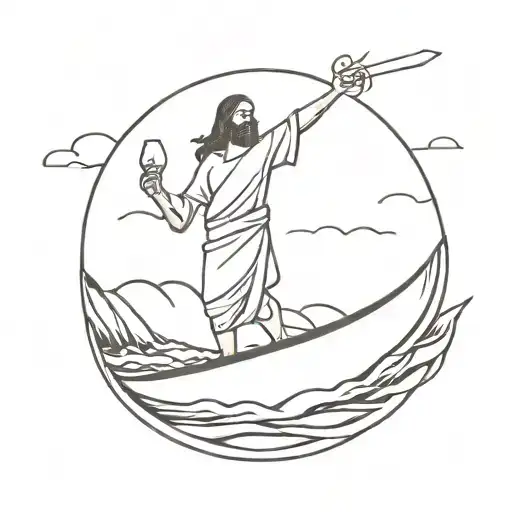 Jesus Christ Standing On A Surfboard Floats On The Waves Holding A Bottle Of Wine In His Right Hand