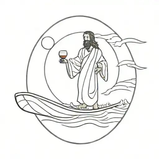 Jesus Christ Standing On A Surfboard Floats On The Waves Holding A Bottle Of Wine In His Right Hand