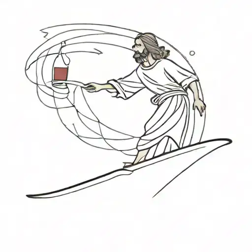 Jesus Christ Standing On A Surfboard Floats On The Waves Holding A Bottle Of Wine In His Right Hand