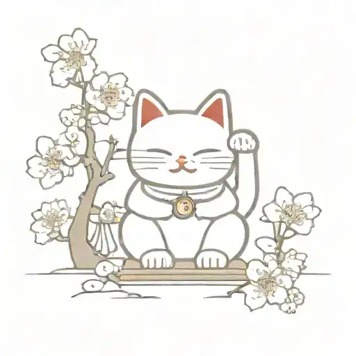 A Japanse Lucky Cat With A Shrine And Cherry Blossoms