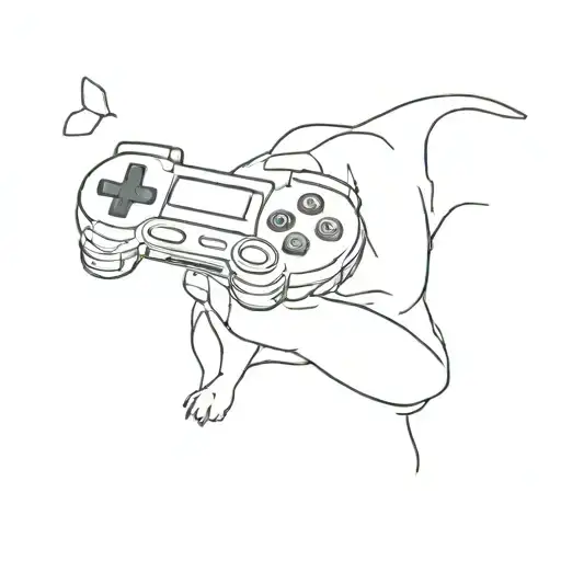 A Minimalist Tattoo Of A Dog Playing Video Games In A Natural Setting