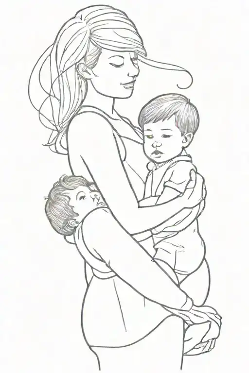 Mother With Two Children In Her Arms With A Child