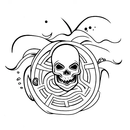 A Minimalist Tattoo Of A Surfing Wave With A Skull In The Barrel