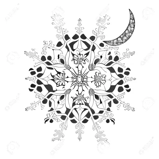 Crescent Moon And A Sakura Flower With A Snowflake