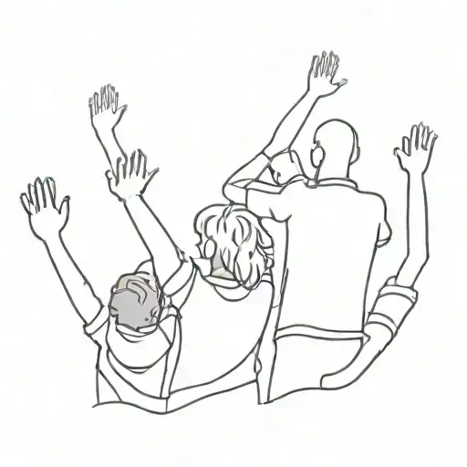 Silhouette Of Father And Son Among A Crowd Of People Watching A Rock Concert Raising Their Arms