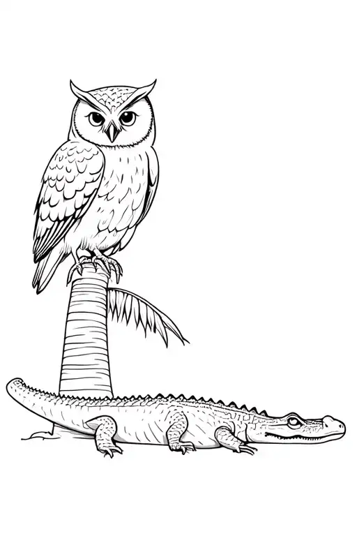 Owl Perched On A Palm Tree While An Alligator Rests Under It