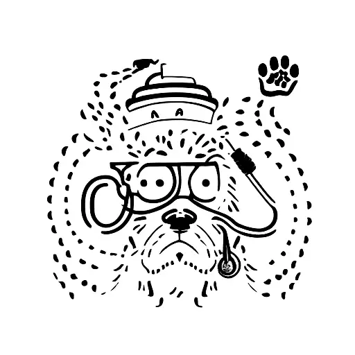 A Minimalist Tattoo Of A Silhouette Of A Veterinarian Surrounded By Various Animal Footprints