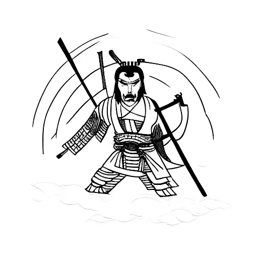 A Minimalist Tattoo Of A Samurai Holding A Guitar In A Pink Floyd-inspired Pose