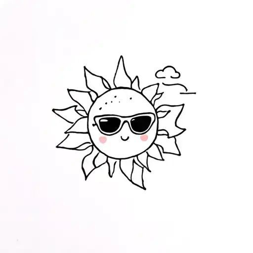 Small Cute Sun With Sunglasses And Little Clouds Behind