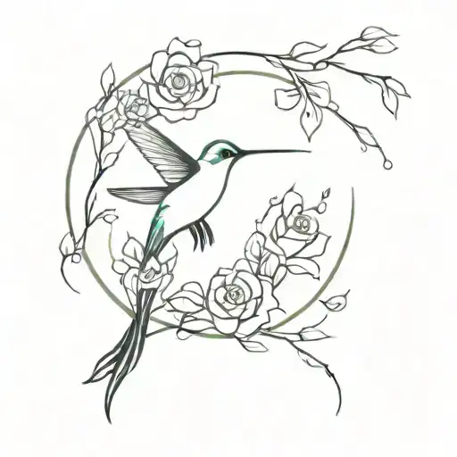 A Minimalist Hummingbird Silhouette With Delicate Rose Petals Falling Around It