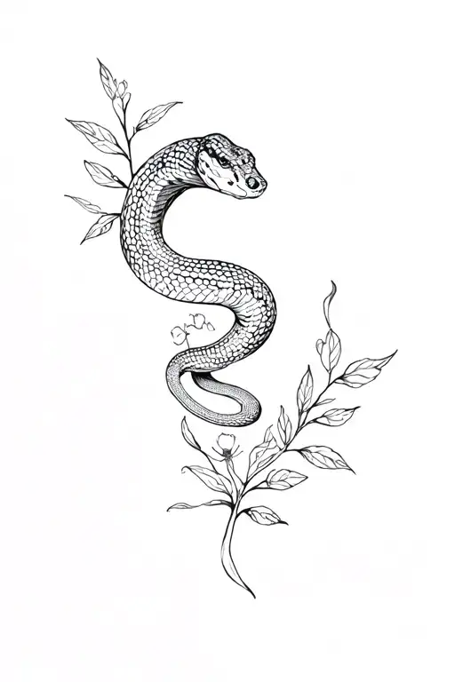 A Snake That Crawls Up Among The Leaves And Flowers