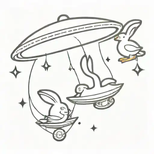 A Bunny And Duck Inside Of A Ufo And A Monkey Hanging Off The Side Graffiti Style