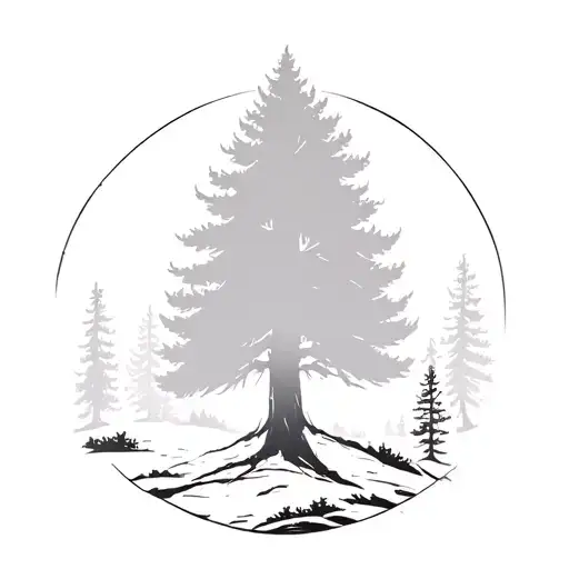 Black And White Sequoia Tree In A Hazy Forest Scene