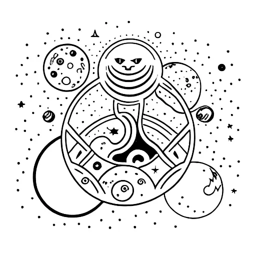 A Minimalist Tattoo Of A Cat Floating In Space With Planets And Galaxies In The Background