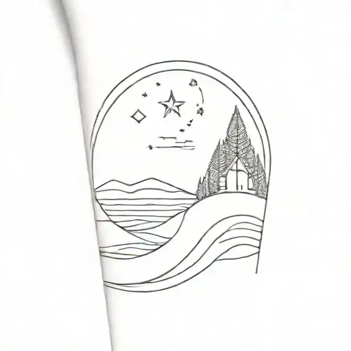 Geometric Landscape With A Wave A Tree A Star A Girl And Sky