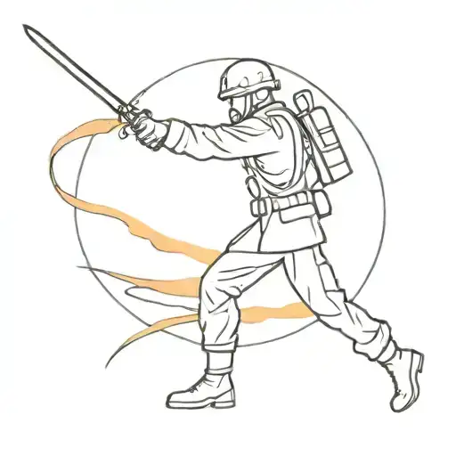 A Minimalist Silhouette Of A Soldier In A Fighting Stance With A Sword Against A Sunset Backdrop