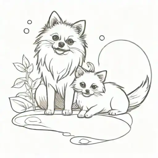 Create A Tattoo Design Of A Pomeranian And A Cat Playing Together In A Whimsical Setting