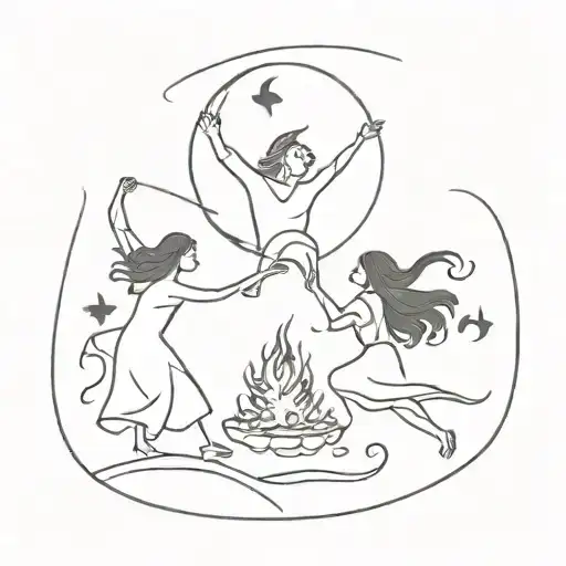 Witches Dancing Around A Fire Under The Moon