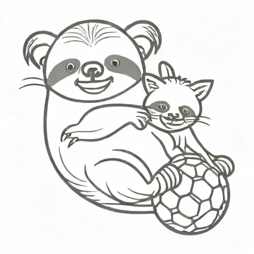 Sloth And Blacak Cat Playing Saxo And Soccer Ball