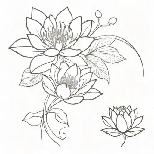 Fine Line Tattoo With Water Lily And Rose Intertwined