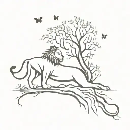 Lion And Butterfly Under A Sycamore Tree