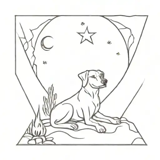 Minimalist Tattoos With A Dog Lying Outside By The Campfire Watching The Moon