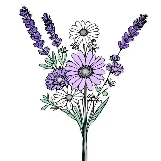 Small Black Line Art Bouquet Of Flowers With Lavender And Marigolds And Daisies