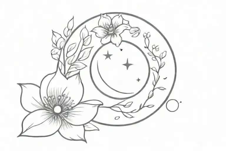 Detailed Minimalist Flower And Moon With Three Name Spaces