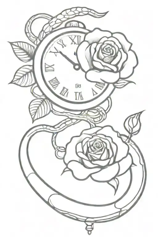Hand Clock With Snake Vining Around With One Rose Behind Drawing