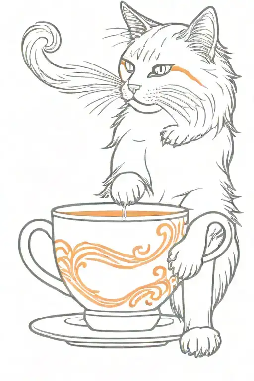 Domestic Longhair Cat With White And Orange Fur Drinking Milk From A Teacup