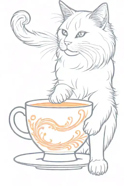 Domestic Longhair Cat With White And Orange Fur Drinking From A Teacup